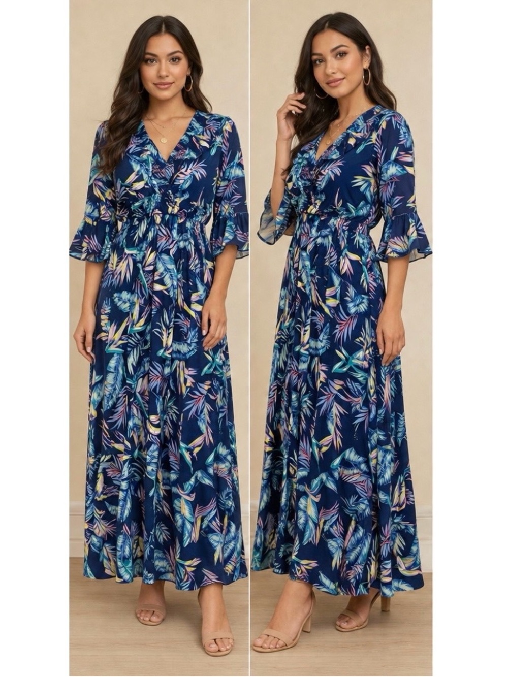 Women’s Navy Blue Summer Maxi Dress Tropical Leaf Print - Size Small